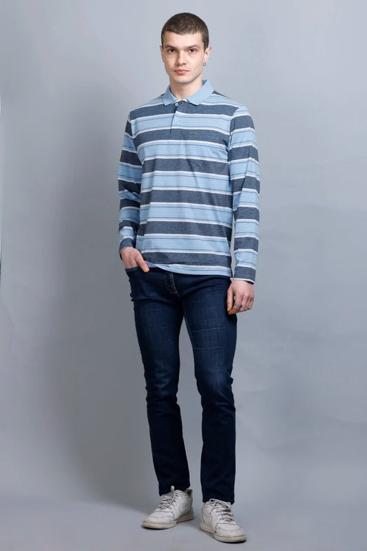 Sky Striped Cotton Full Sleeve Polo T Shirts for Men