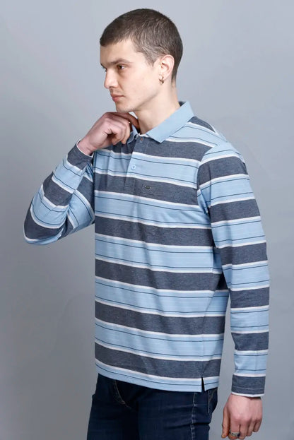 Sky Striped Cotton Full Sleeve Polo T Shirts for Men