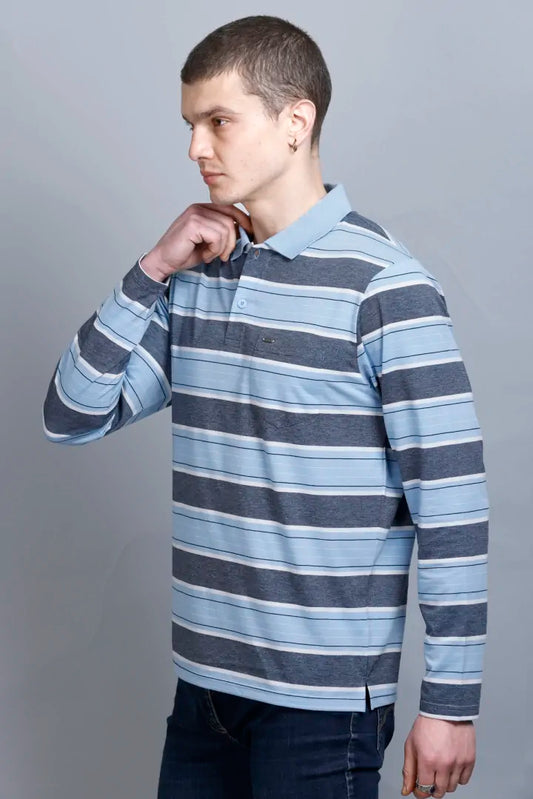 Sky Striped Cotton Full Sleeve Polo T Shirts for Men