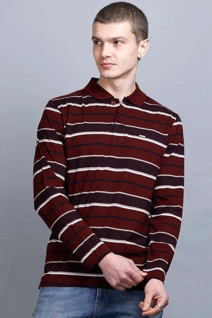Merlot Wine Striped Cotton Full Sleeve Polo T shirt for men