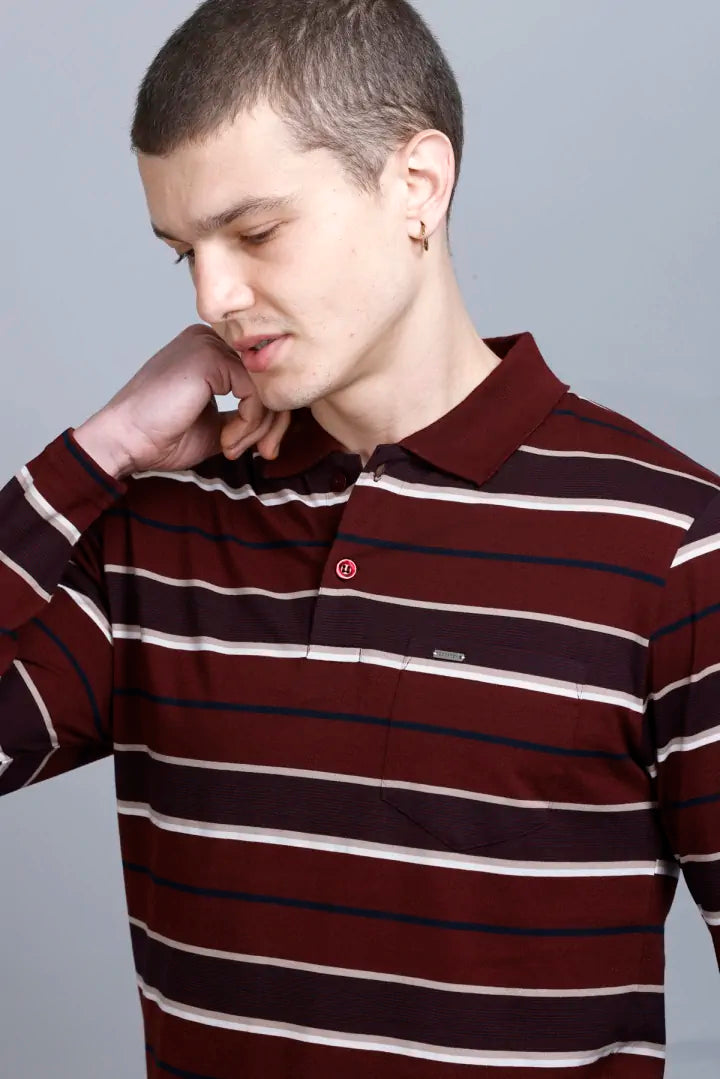Merlot Wine Striped Cotton Full Sleeve Polo T shirt for men