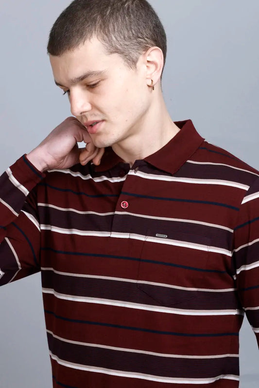 Merlot Wine Striped Cotton Full Sleeve Polo T shirt for men