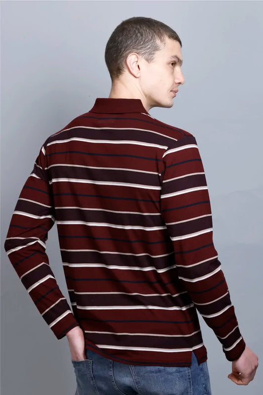 Merlot Wine Striped Cotton Full Sleeve Polo T shirt for men