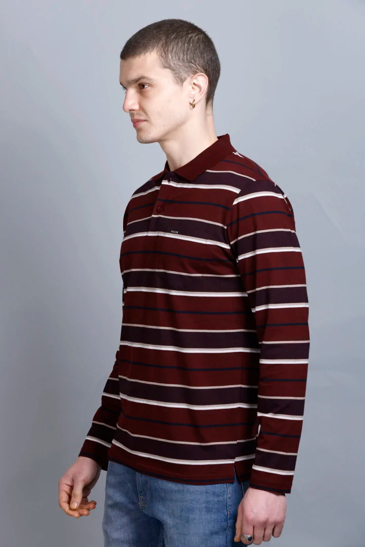 Merlot Wine Striped Cotton Full Sleeve Polo T shirt for men