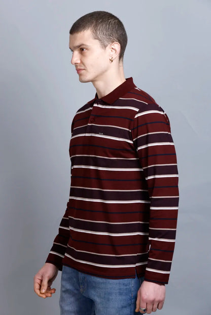 Merlot Wine Striped Cotton Full Sleeve Polo T shirt for men