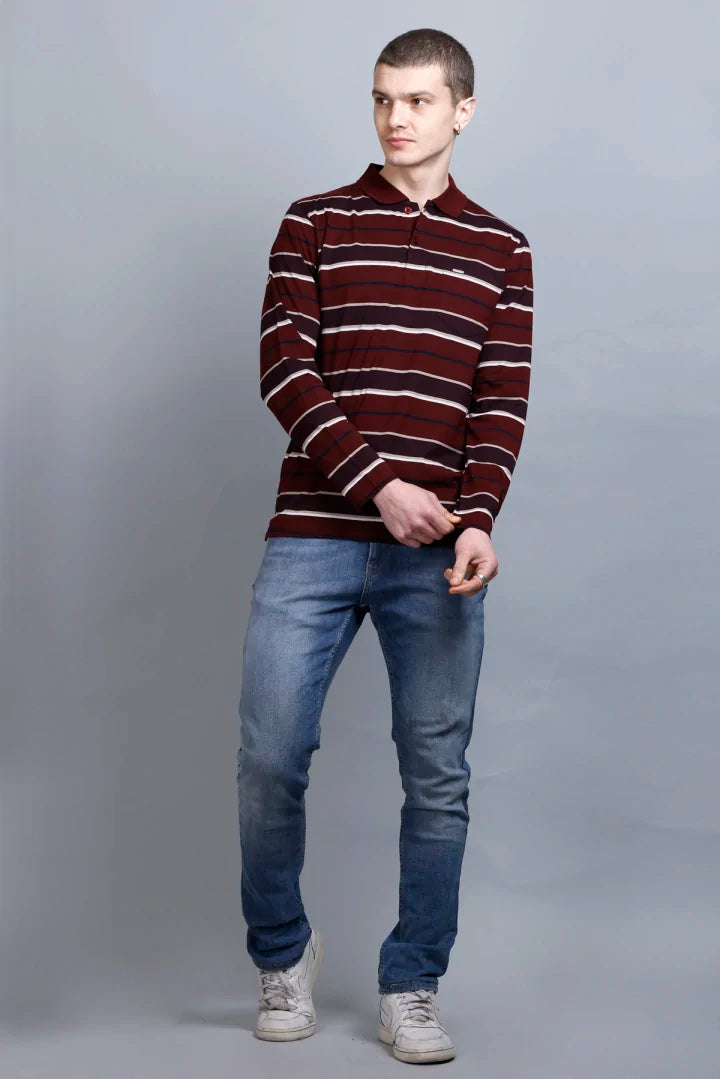 Merlot Wine Striped Cotton Full Sleeve Polo T shirt for men