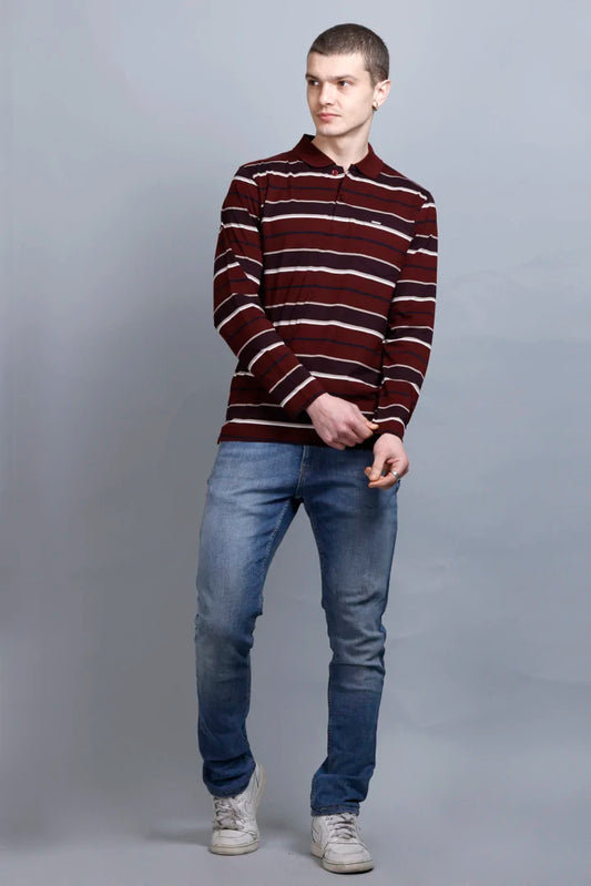 Merlot Wine Striped Cotton Full Sleeve Polo T shirt for men