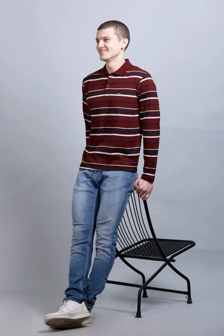 Merlot Wine Striped Cotton Full Sleeve Polo T shirt for men
