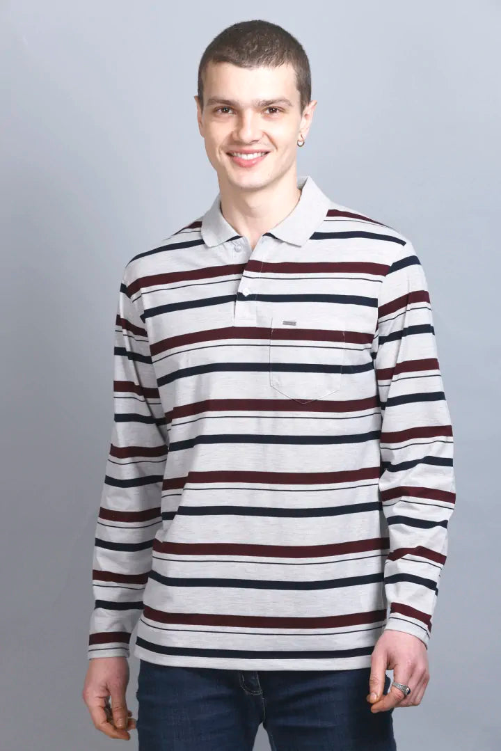 Off White Striped Cotton Full Sleeve Collared Polo Neck T Shirts for Men