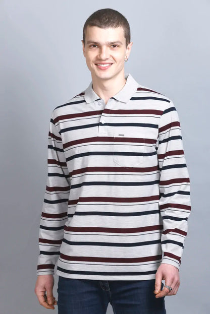 Off White Striped Cotton Full Sleeve Collared Polo Neck T Shirts for Men