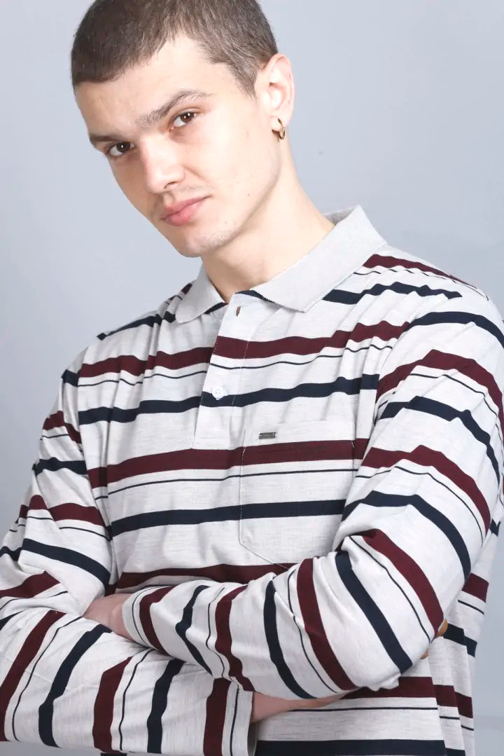 Off White Striped Cotton Full Sleeve Collared Polo Neck T Shirts for Men