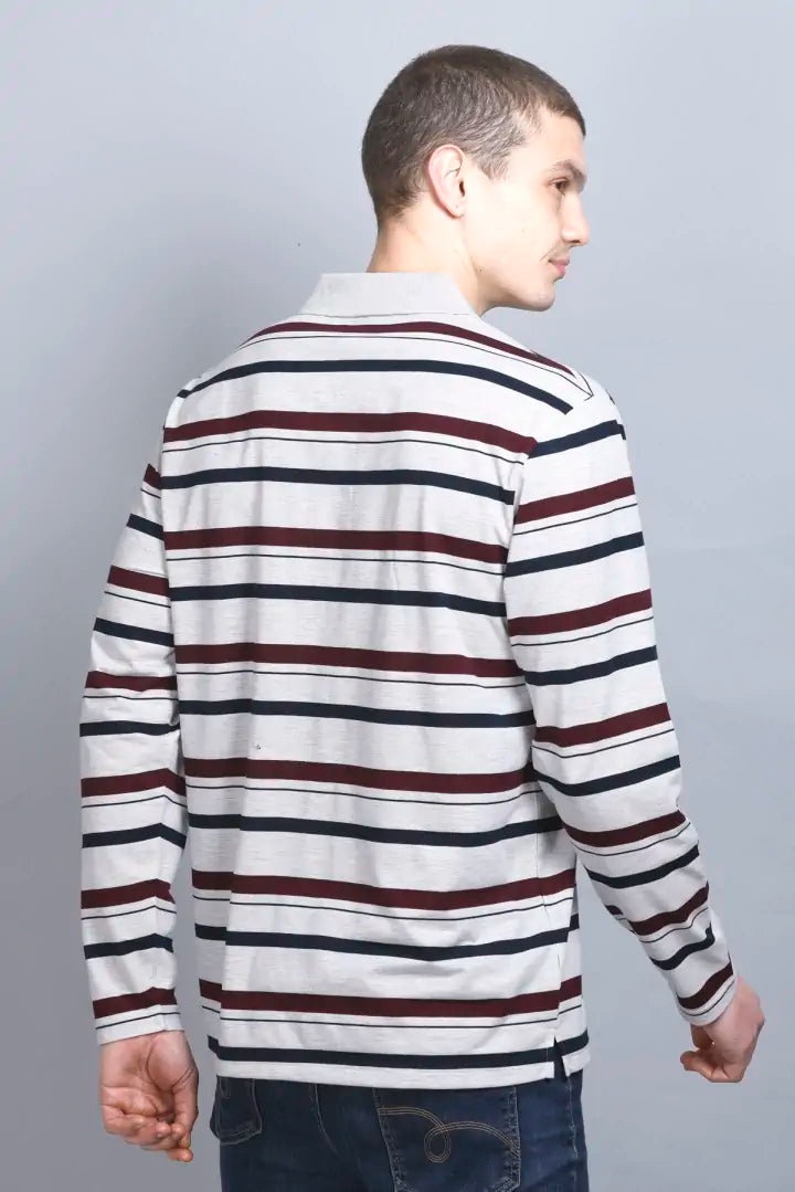 Off White Striped Cotton Full Sleeve Collared Polo Neck T Shirts for Men