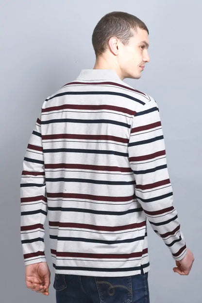Off White Striped Cotton Full Sleeve Collared Polo Neck T Shirts for Men