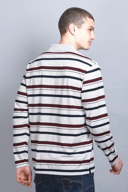 Off White Striped Cotton Full Sleeve Collared Polo Neck T Shirts for Men