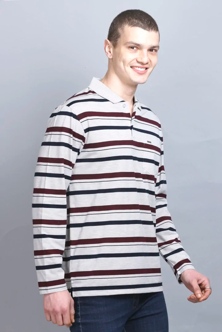 Off White Striped Cotton Full Sleeve Collared Polo Neck T Shirts for Men