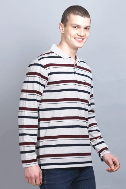 Off White Striped Cotton Full Sleeve Collared Polo Neck T Shirts for Men