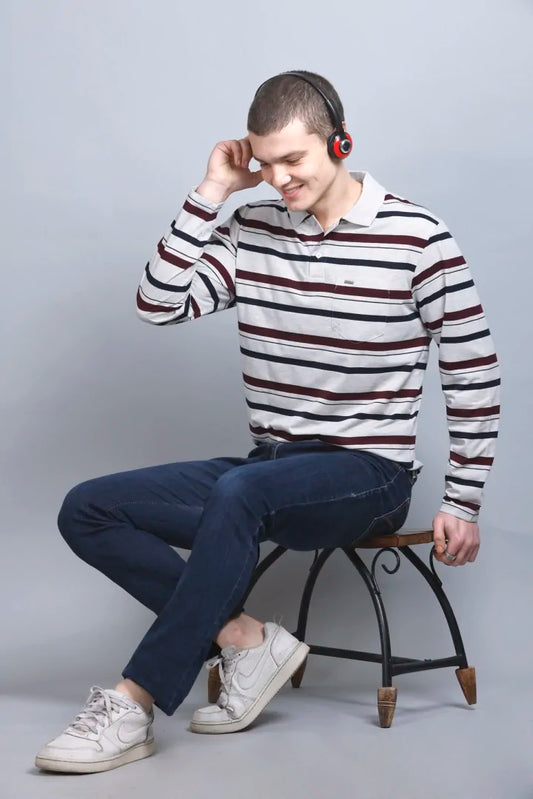 Off White Striped Cotton Full Sleeve Collared Polo Neck T Shirts for Men