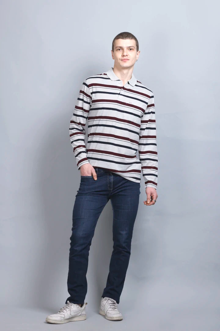 Off White Striped Cotton Full Sleeve Collared Polo Neck T Shirts for Men