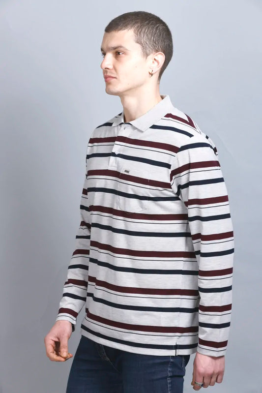 Off White Striped Cotton Full Sleeve Collared Polo Neck T Shirts for Men