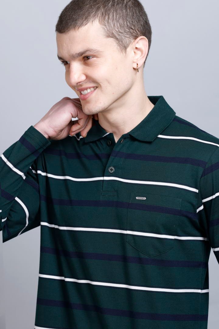 Pine Green Striped Cotton Full Sleeve Polo Men Tshirts With Pocket