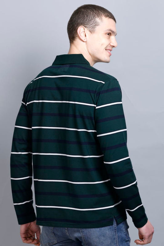 Pine Green Striped Cotton Full Sleeve Polo Men Tshirts With Pocket