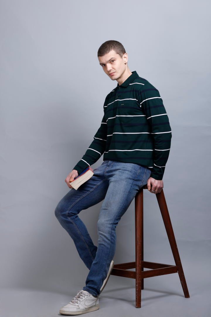 Pine Green Striped Cotton Full Sleeve Polo Men Tshirts With Pocket