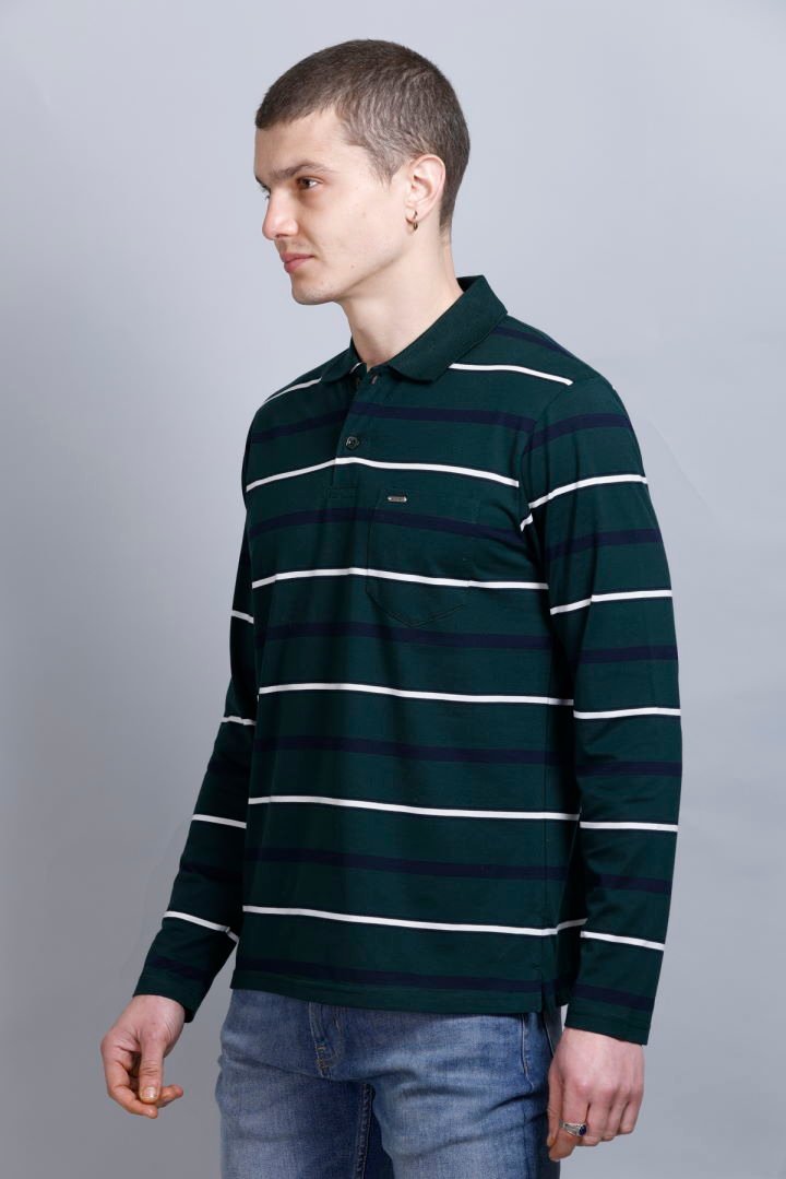 Pine Green Striped Cotton Full Sleeve Polo Men Tshirts With Pocket