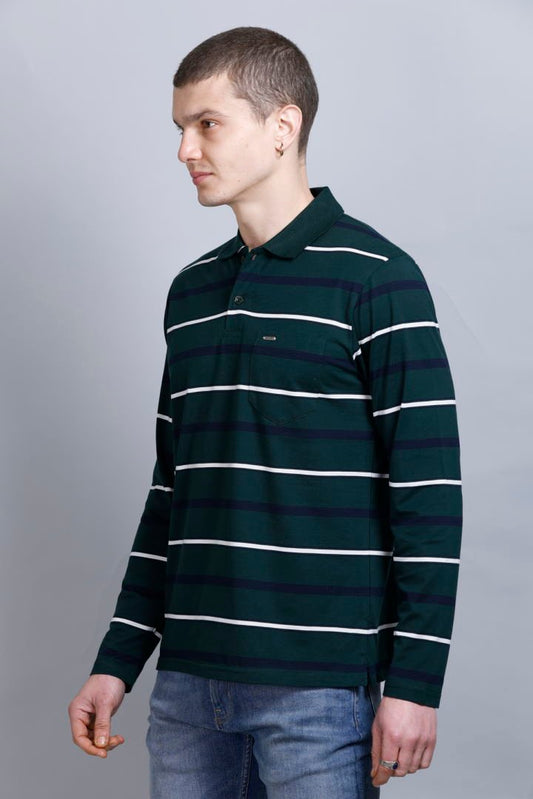 Pine Green Striped Cotton Full Sleeve Polo Men Tshirts With Pocket