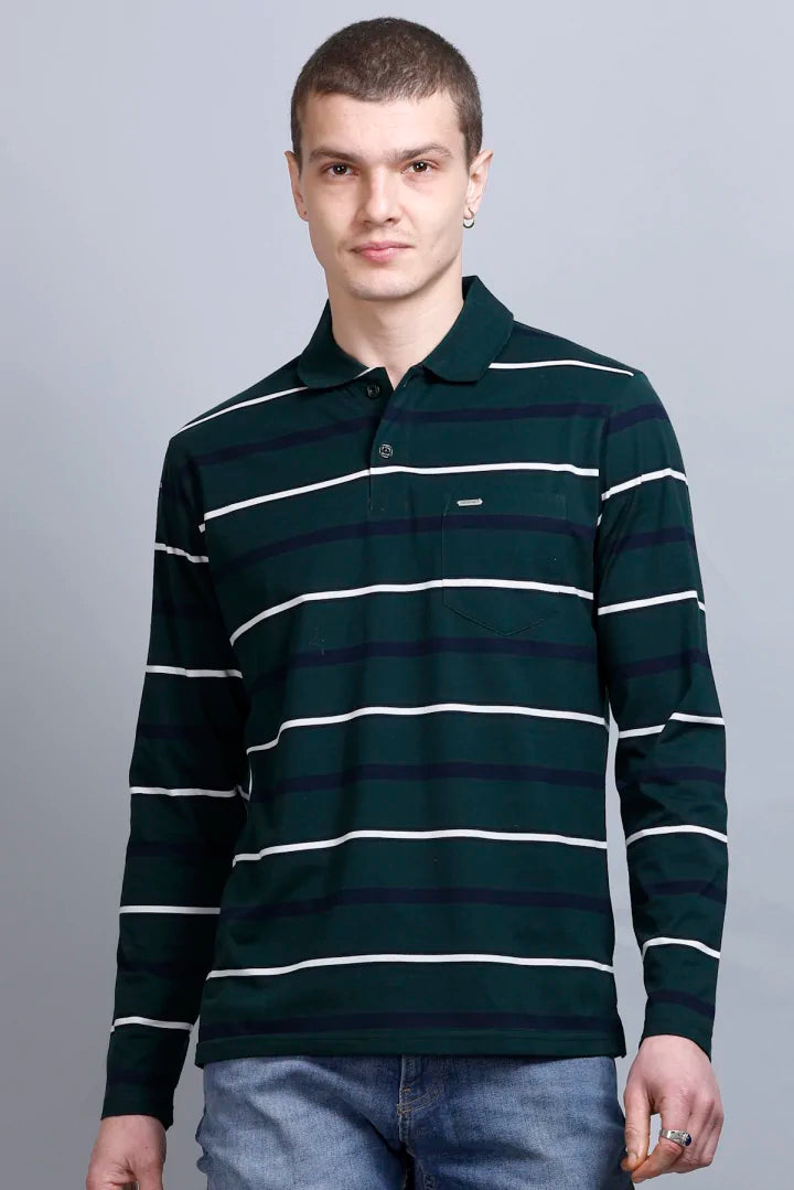 Pine Green Striped Cotton Full Sleeve Polo Men Tshirts With Pocket
