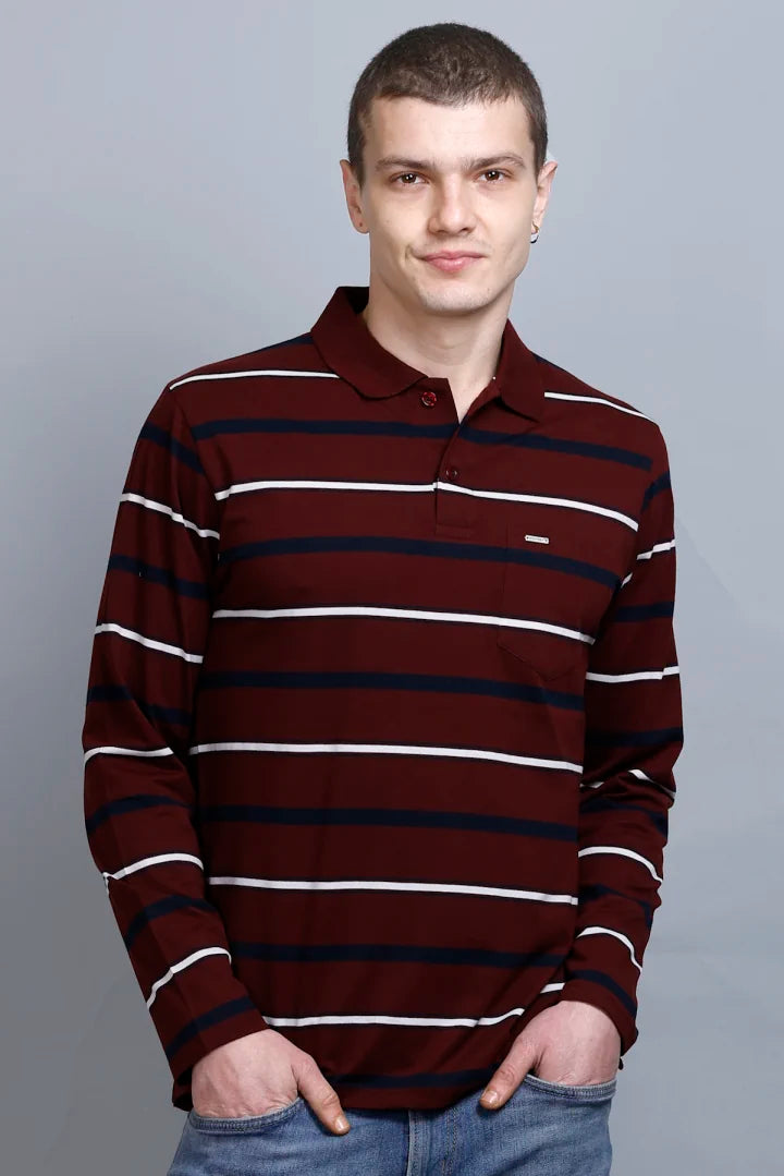 Merlot Wine Striped Cotton Full Sleeve Polo Tshirts for Men