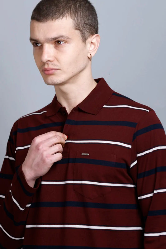 Merlot Wine Striped Cotton Full Sleeve Polo Tshirts for Men