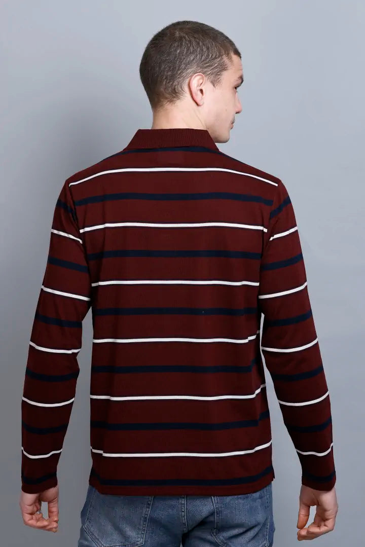 Merlot Wine Striped Cotton Full Sleeve Polo Tshirts for Men