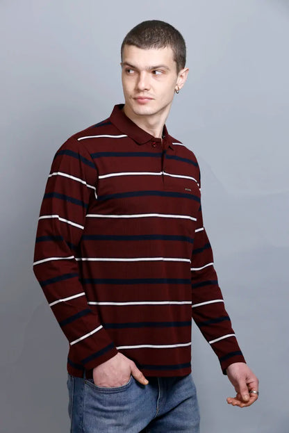 Merlot Wine Striped Cotton Full Sleeve Polo Tshirts for Men
