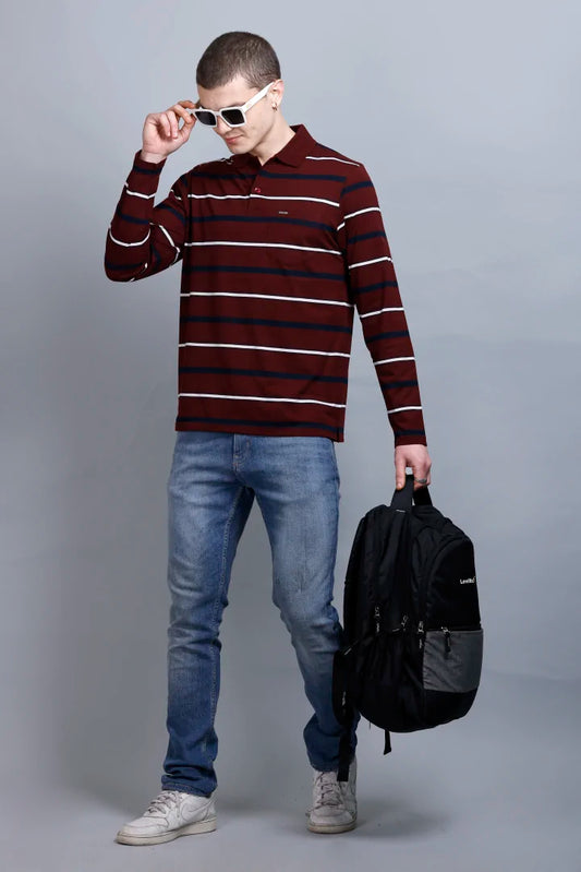 Merlot Wine Striped Cotton Full Sleeve Polo Tshirts for Men