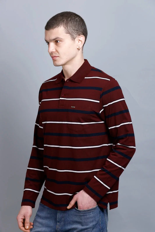 Merlot Wine Striped Cotton Full Sleeve Polo Tshirts for Men