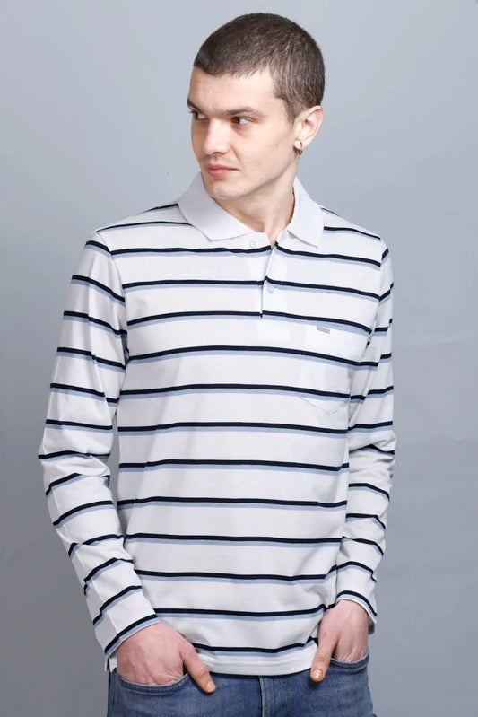 White Striped Cotton Full Sleeve Polo Tshirt for Men