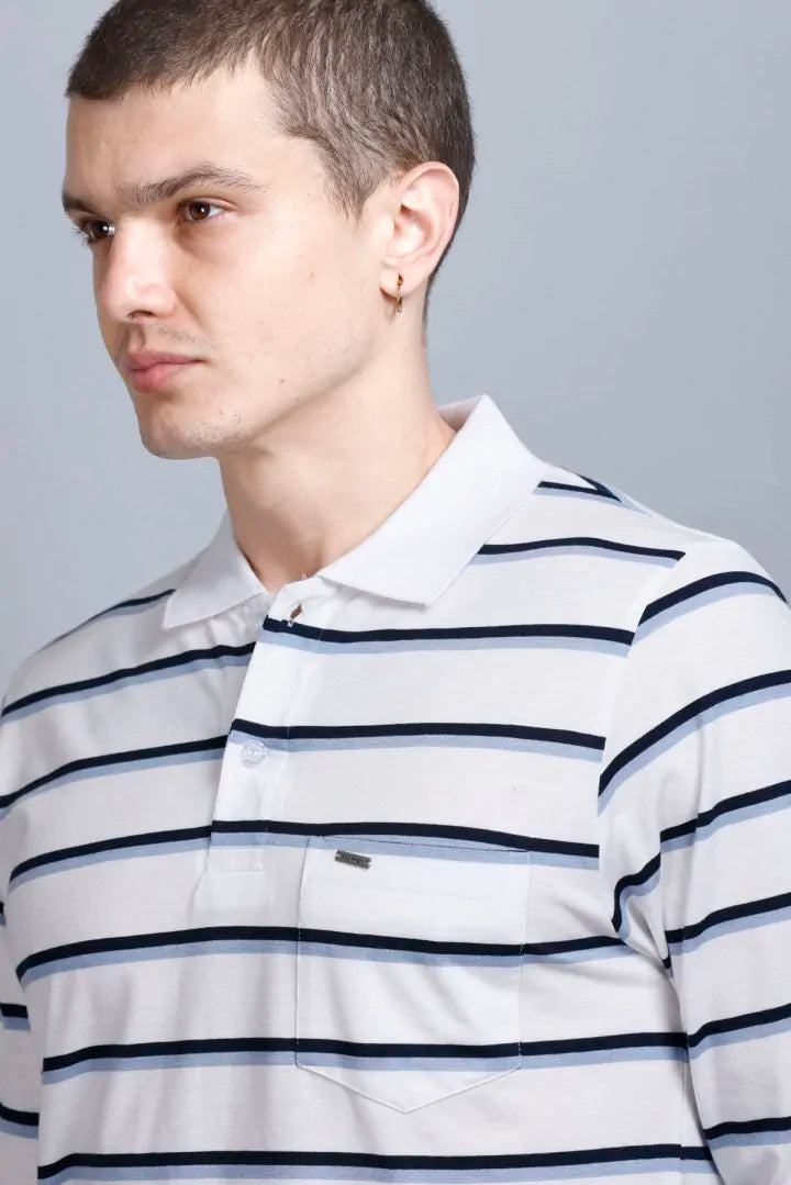 White Striped Cotton Full Sleeve Polo Tshirt for Men