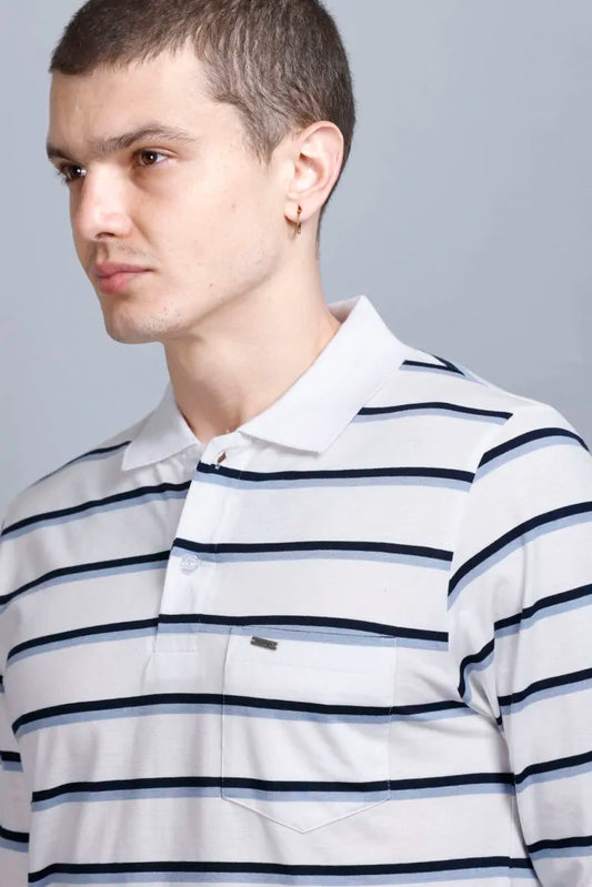White Striped Cotton Full Sleeve Polo Tshirt for Men