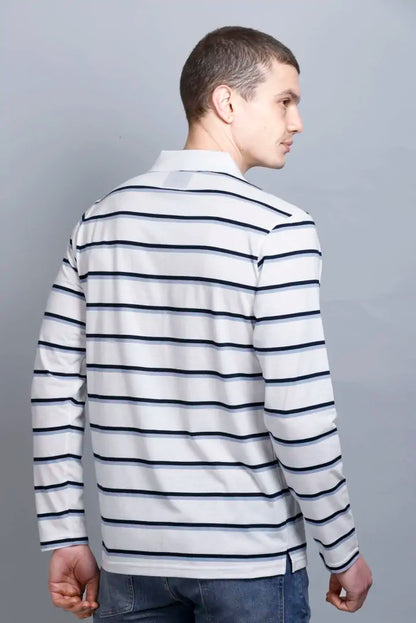 White Striped Cotton Full Sleeve Polo Tshirt for Men