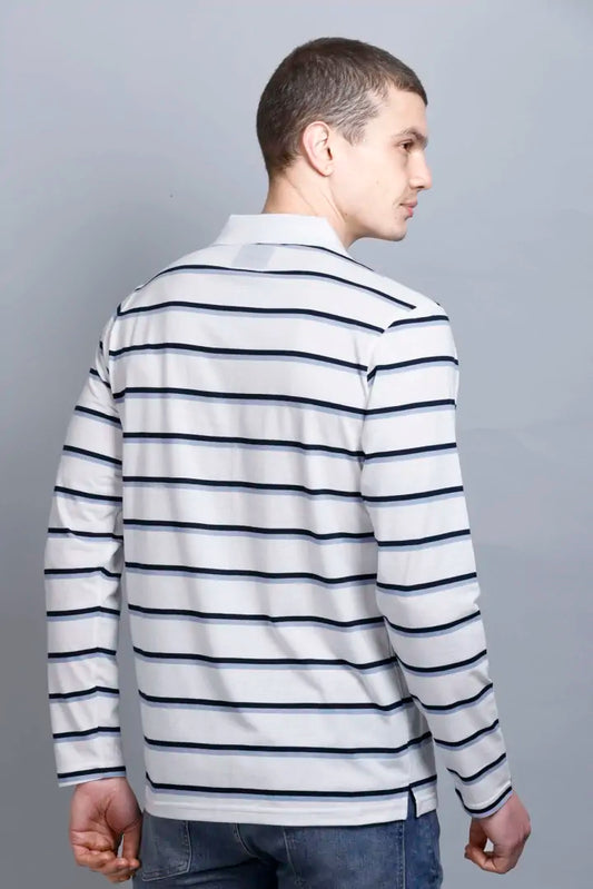 White Striped Cotton Full Sleeve Polo Tshirt for Men