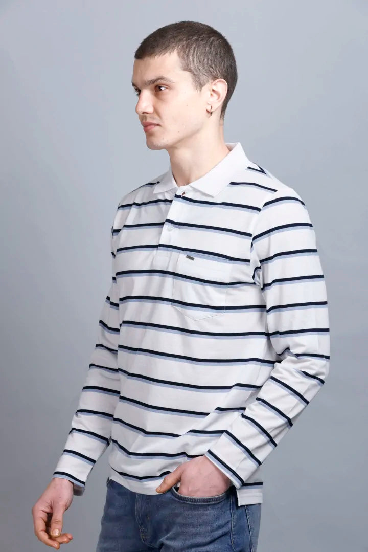 White Striped Cotton Full Sleeve Polo Tshirt for Men