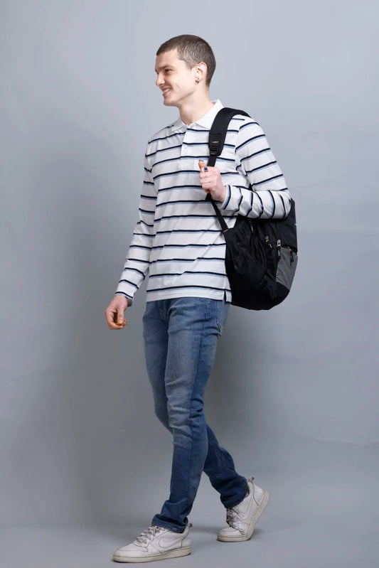 White Striped Cotton Full Sleeve Polo Tshirt for Men