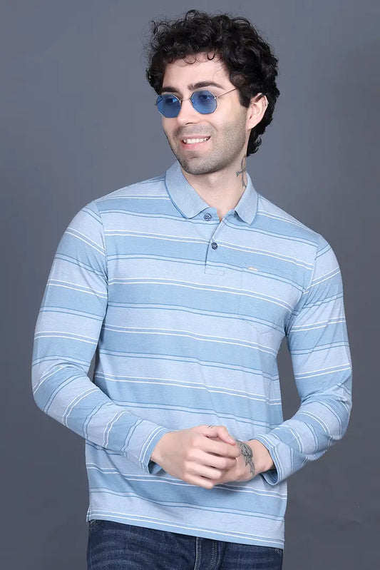 Blue Striped Cotton Men Full Sleeve Polo T Shirts With Pocket