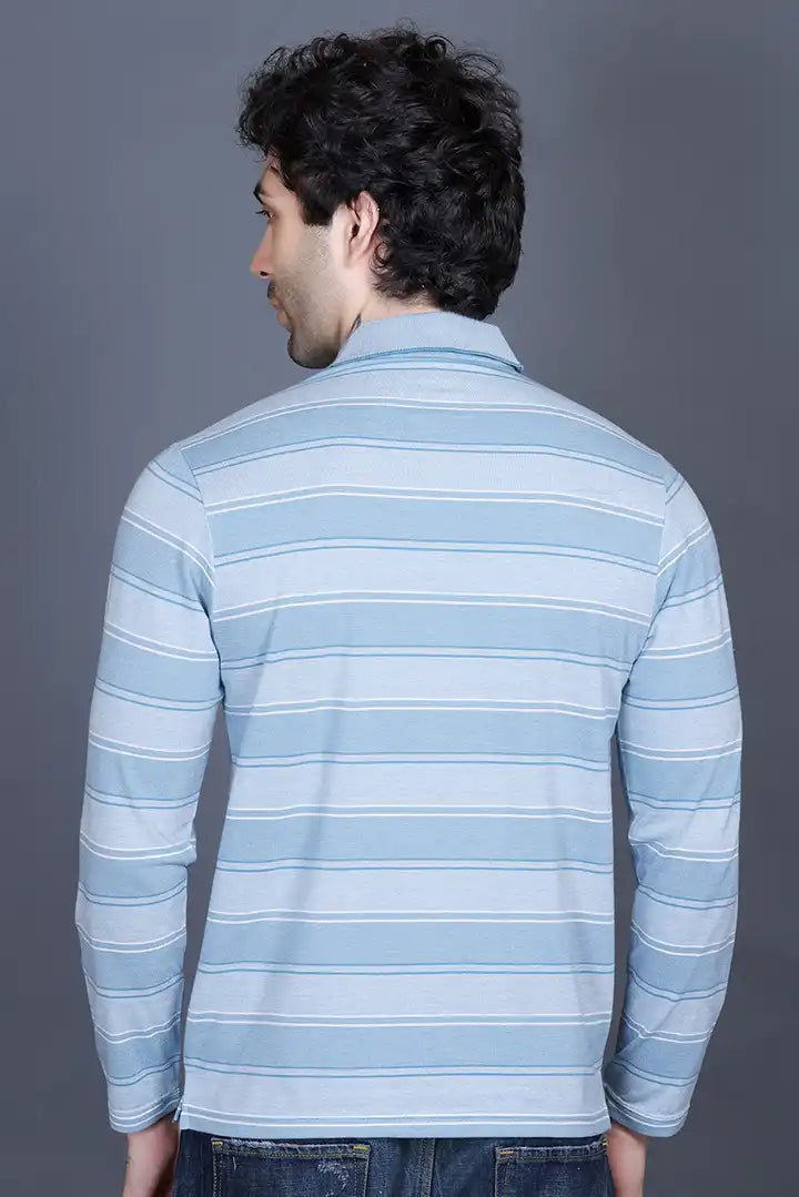 Blue Striped Cotton Men Full Sleeve Polo T Shirts With Pocket