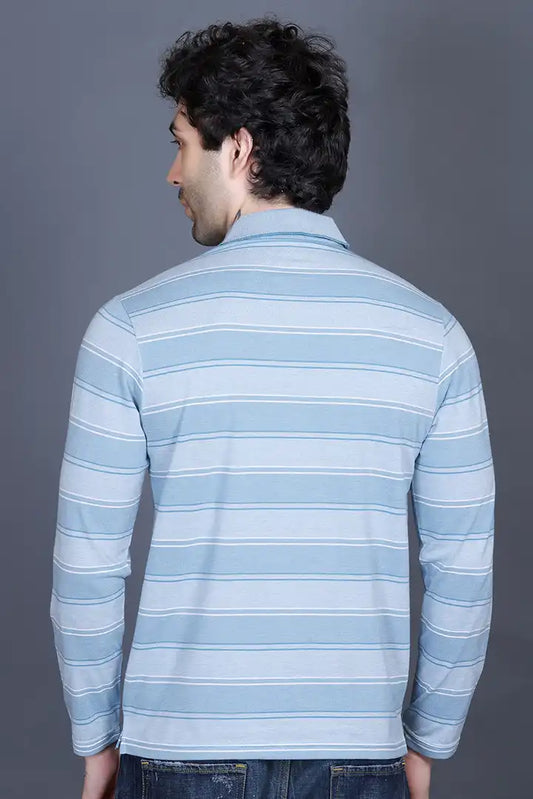 Blue Striped Cotton Men Full Sleeve Polo T Shirts With Pocket