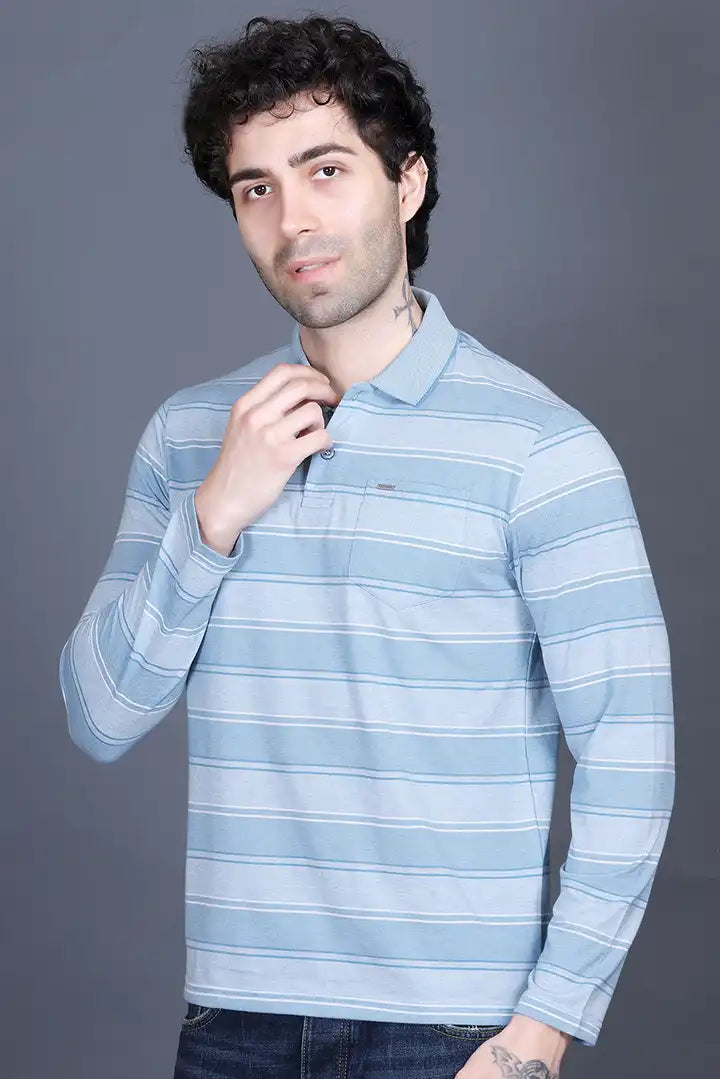 Blue Striped Cotton Men Full Sleeve Polo T Shirts With Pocket