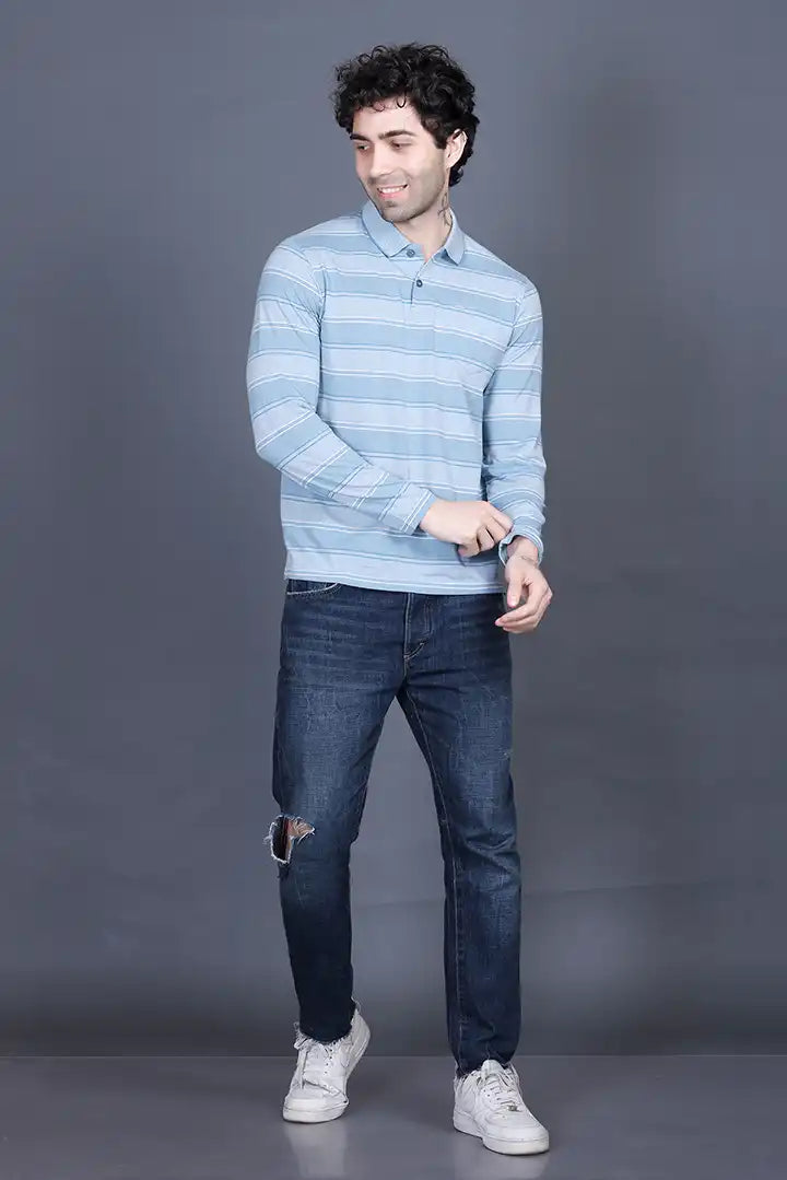 Blue Striped Cotton Men Full Sleeve Polo T Shirts With Pocket