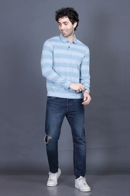 Blue Striped Cotton Men Full Sleeve Polo T Shirts With Pocket