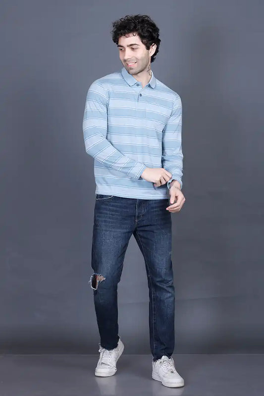 Blue Striped Cotton Men Full Sleeve Polo T Shirts With Pocket
