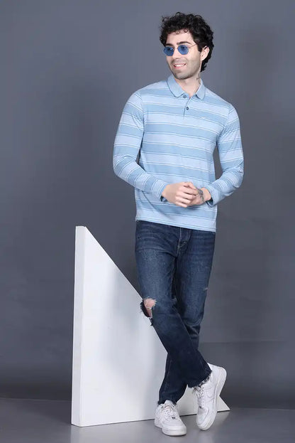 Blue Striped Cotton Men Full Sleeve Polo T Shirts With Pocket